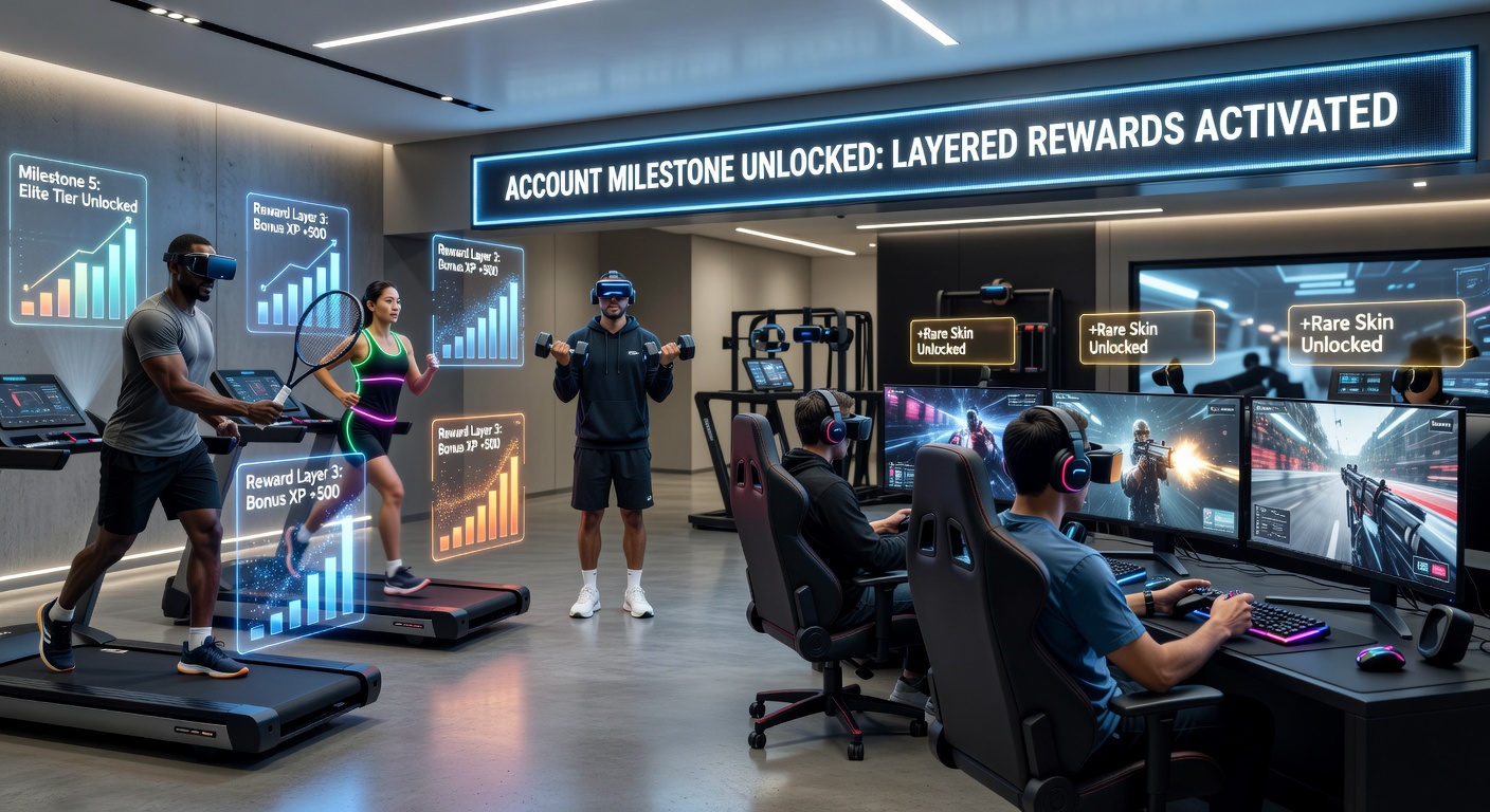 Integrated sports and gaming hub dashboard showing milestone progress and reward tiers