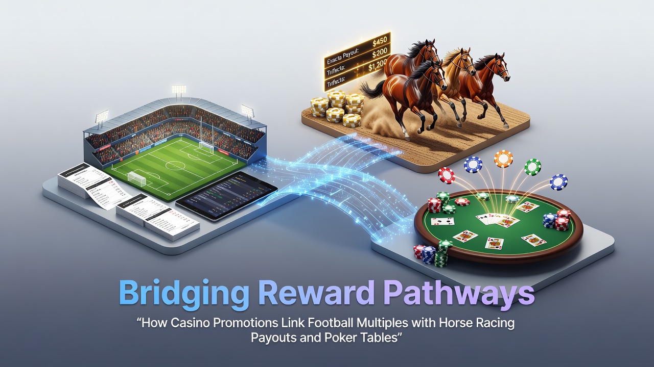 Illustration showing interconnected reward pathways across football, horse racing, and poker platforms