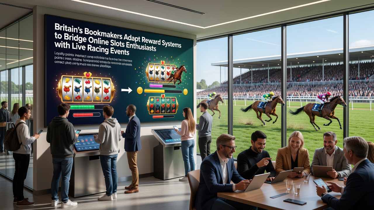 Bookmaker interface showing slot game rewards transitioning to live horse racing bets on a digital platform