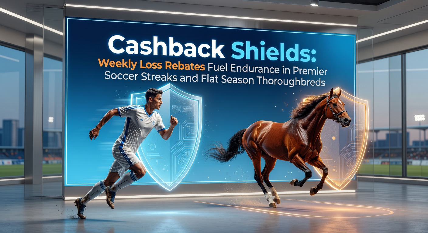 Graphic showing a shield protecting a stack of betting chips amid soccer balls and horse racing silhouettes, symbolizing loss rebates in sports wagering