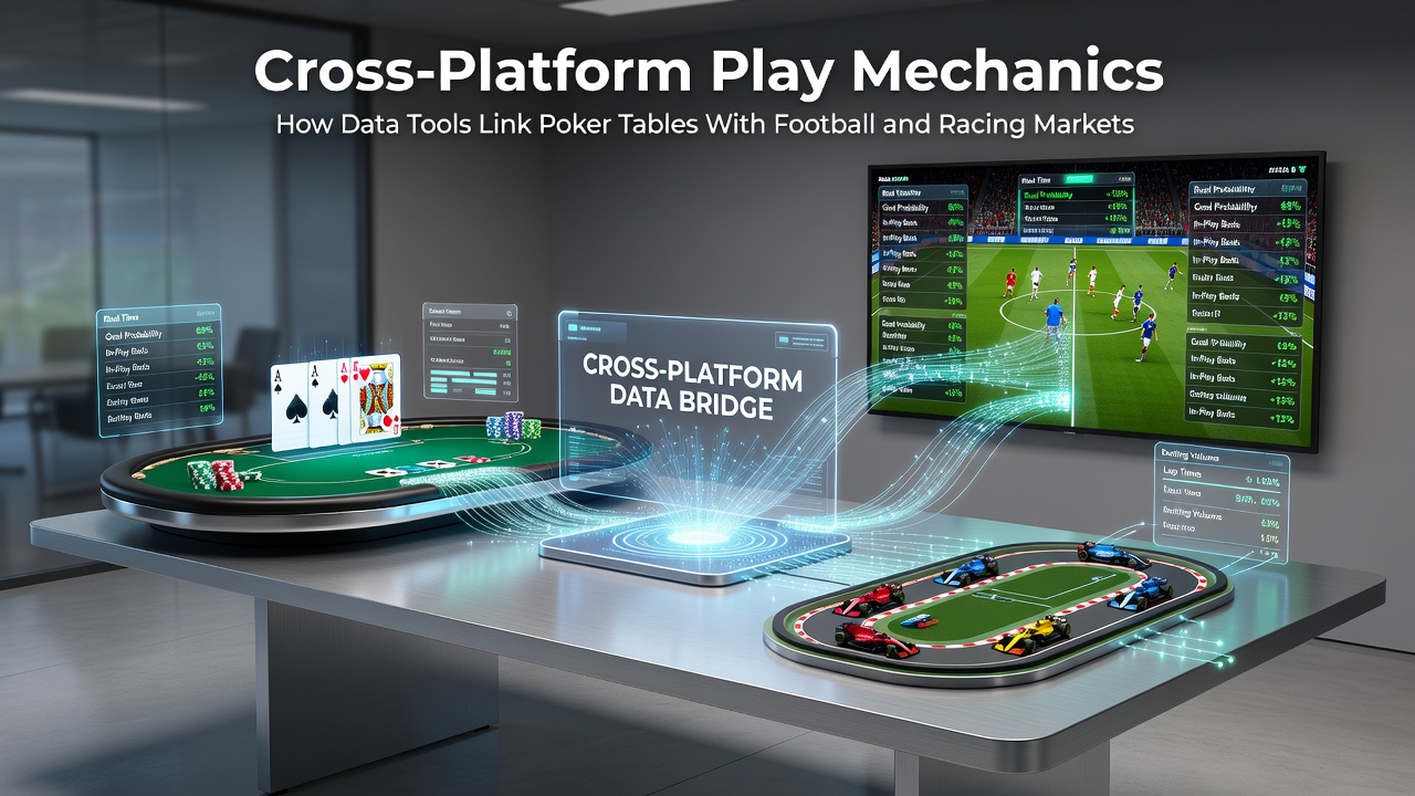 Visual representation of data streams linking poker interfaces with football odds displays and racing market dashboards
