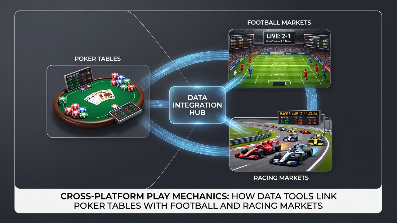 Dashboard screenshot showing synchronized poker statistics feeding into football bet-builder tools and racing form analyzers