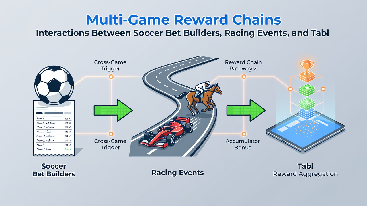 Flow diagram illustrating how soccer, racing, and table game rewards connect through shared loyalty systems