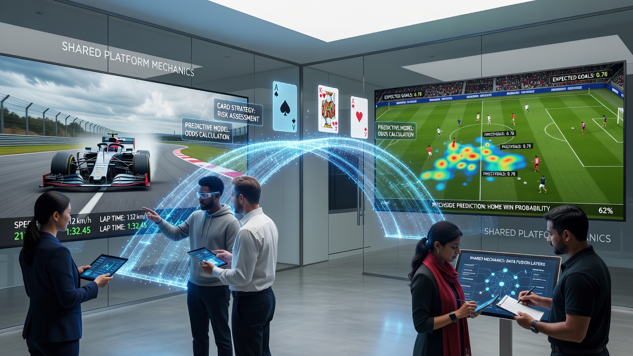 Digital platform interface showing integrated card strategies alongside trackside racing data and pitchside soccer metrics
