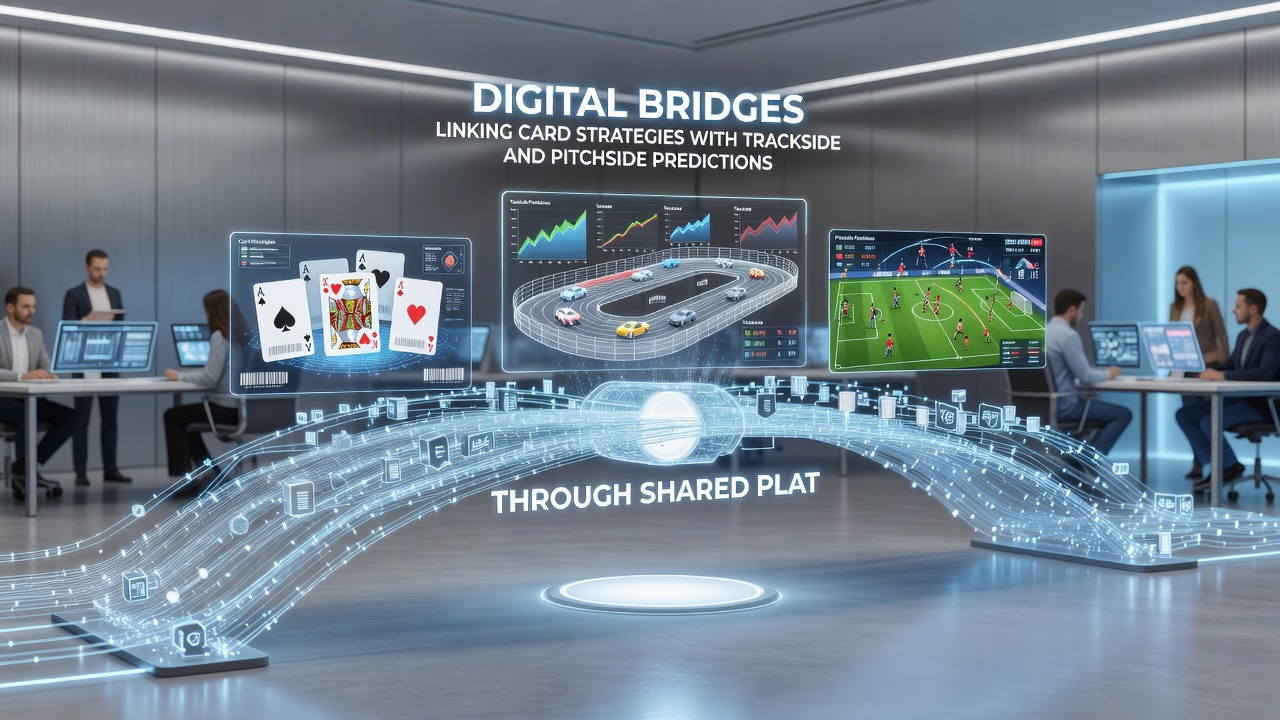 Illustration of data flow between card game modules, trackside sensors, and pitchside analytics within a unified betting platform