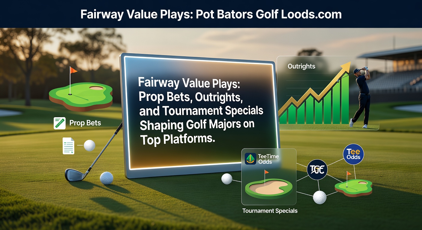 Vibrant scene from a golf major tournament, showing players on the fairway with betting odds overlays highlighting prop bets and outright winners