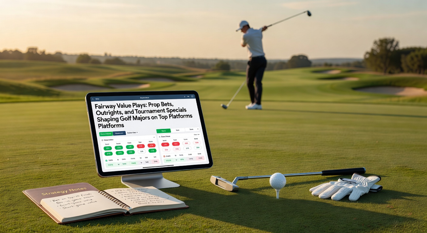 Close-up of a golfer lining up a crucial putt during a major championship, with digital graphics showing live prop bet odds for birdies and finishing positions
