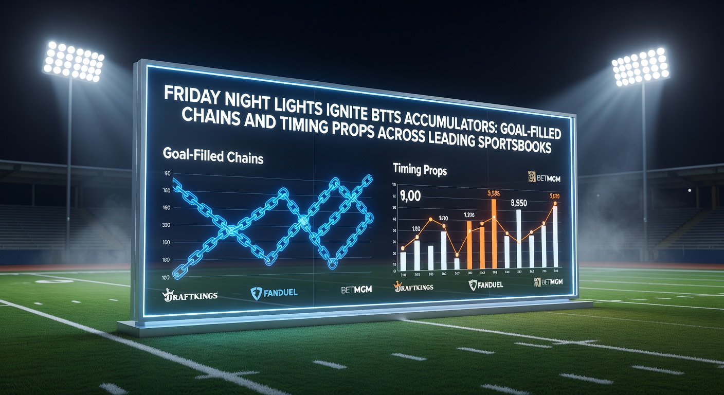 Vibrant stadium lights illuminate a packed Friday night soccer match, with fans cheering as goals fly in during a high-stakes BTTS showdown