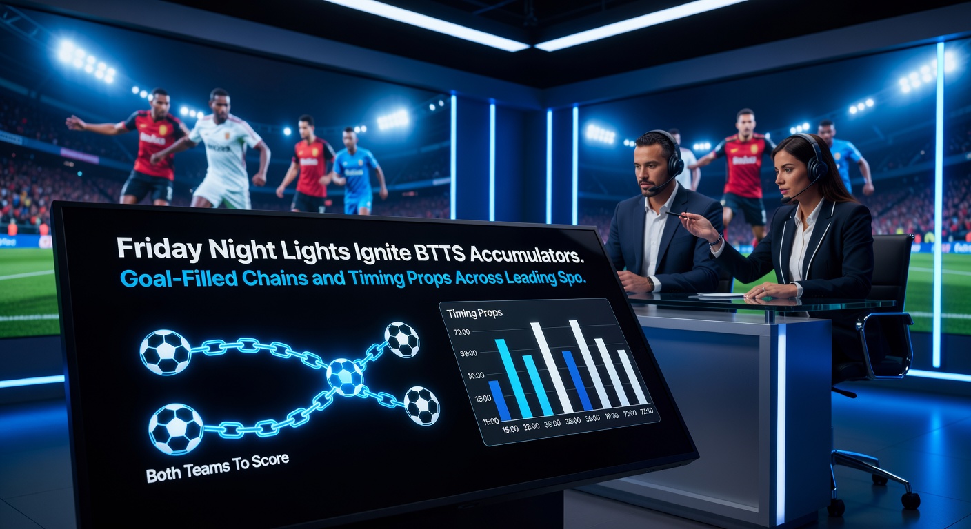 Close-up of a digital betting slip displaying a multi-leg BTTS accumulator with glowing odds and timing props ticking down during a live Friday night fixture