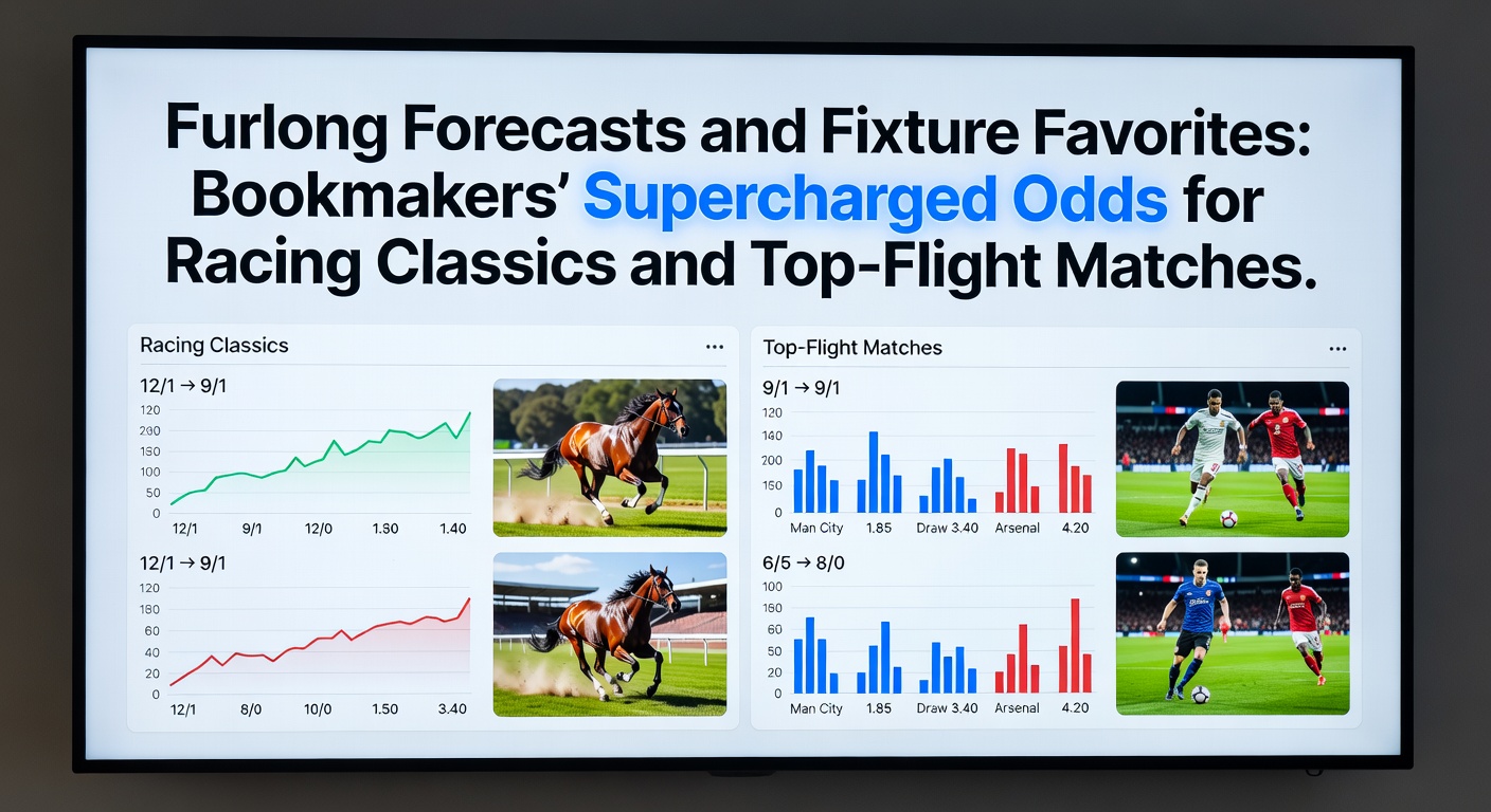 Horse racing action at a classic event with jockeys charging down the straight, overlaid with soccer stadium lights and cheering crowds
