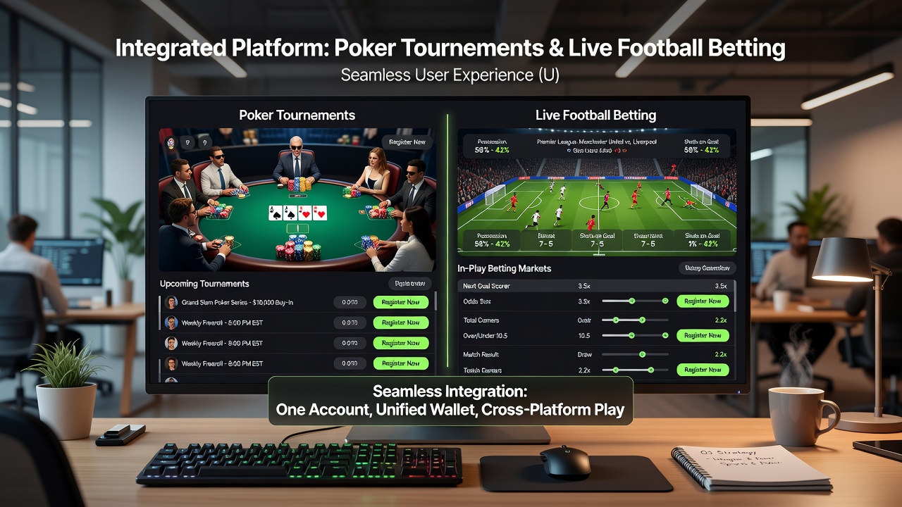 Split-screen view of poker table and live football match with betting options
