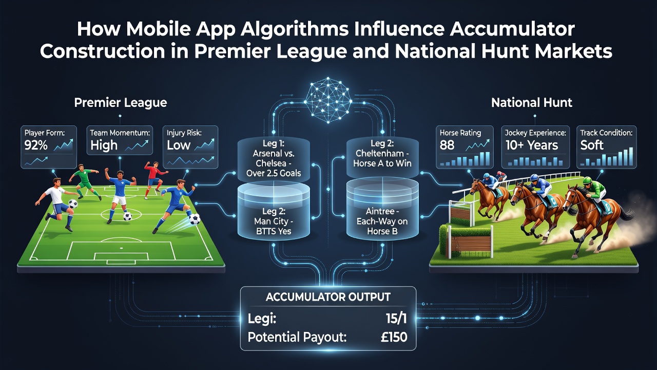 Mobile betting app screen displaying accumulator selections for Premier League matches and National Hunt races