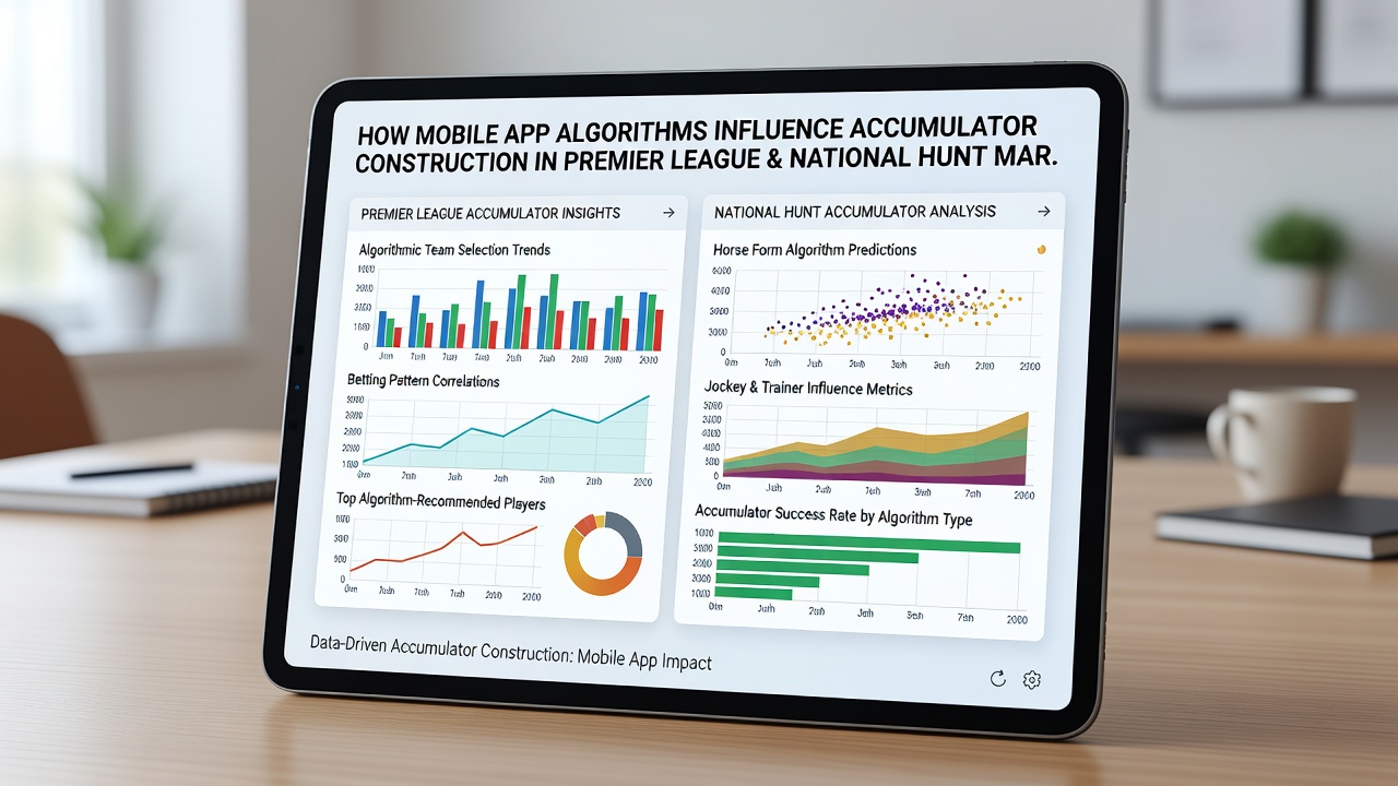 National Hunt racecourse scene with overlay graphics illustrating accumulator bet builder features on a smartphone