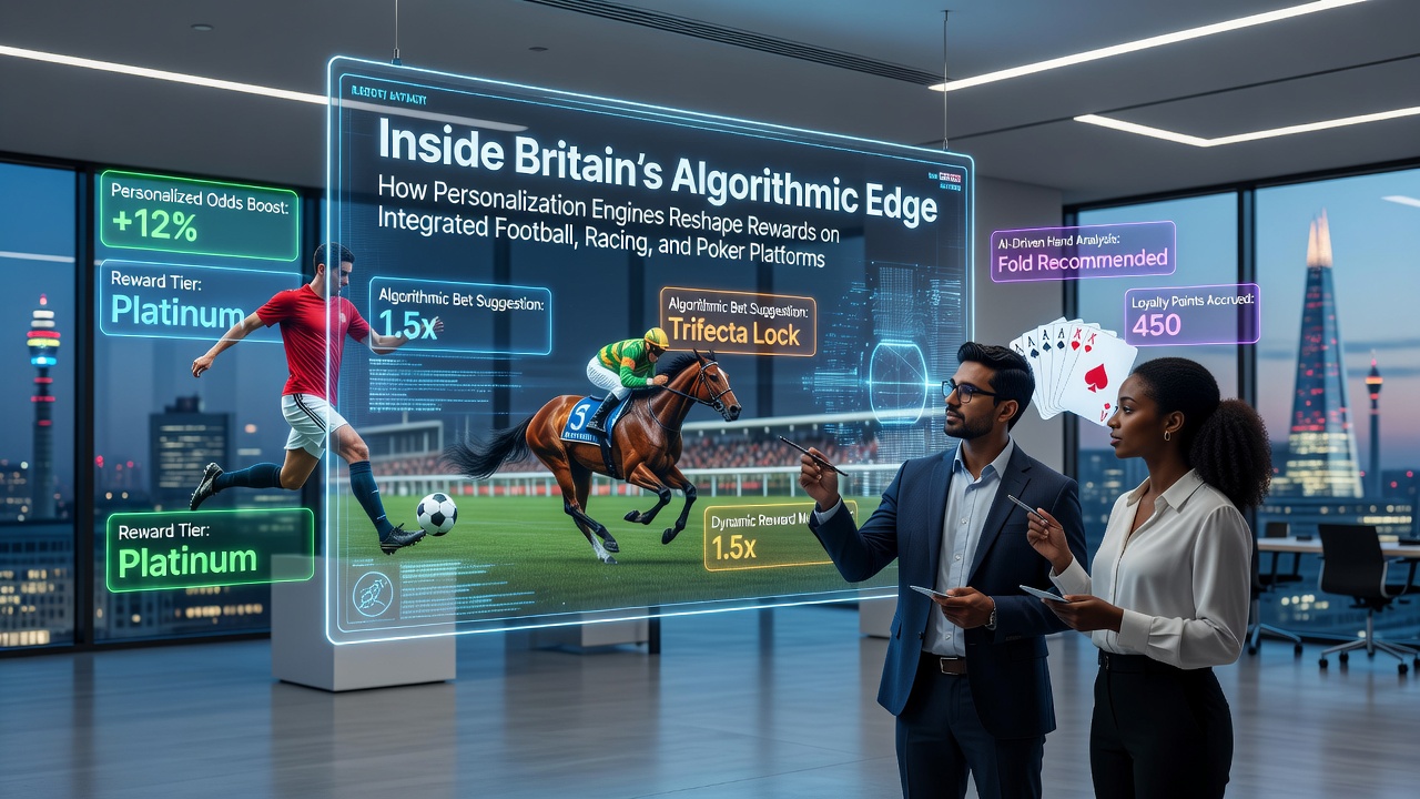 Algorithmic personalization dashboard showing tailored football, racing, and poker rewards on a UK betting platform
