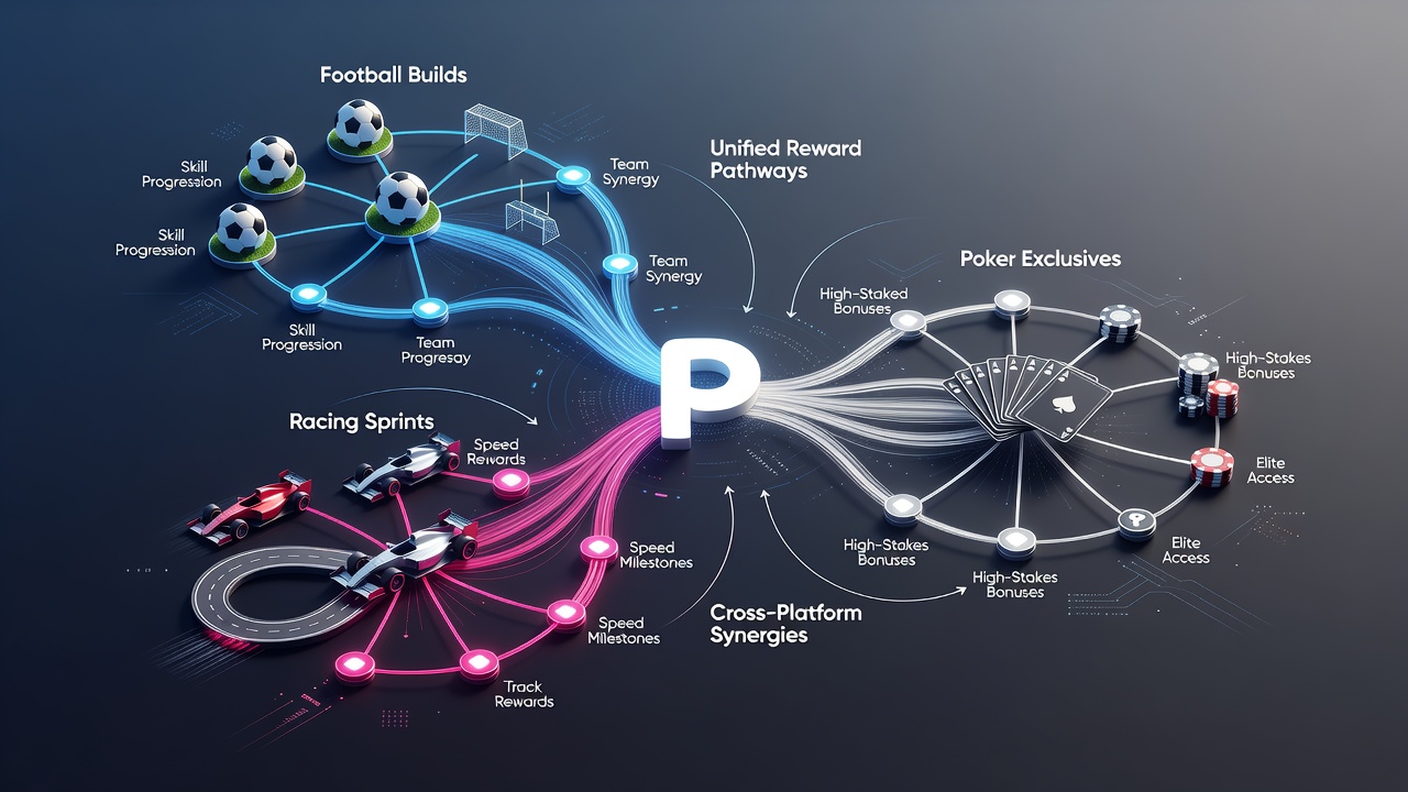 Dashboard view showing accumulated rewards linking soccer builds to racing and poker bonuses