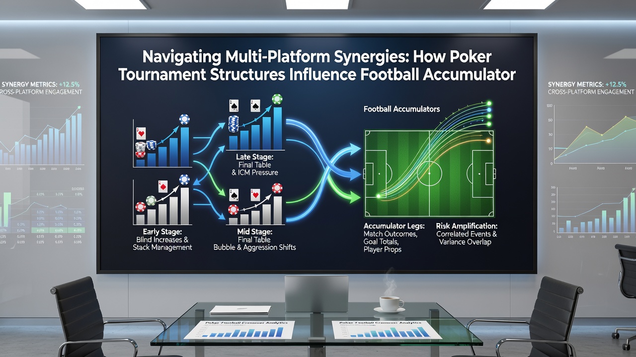 Split-screen view of a poker final table and a live football accumulator tracker with bonus indicators