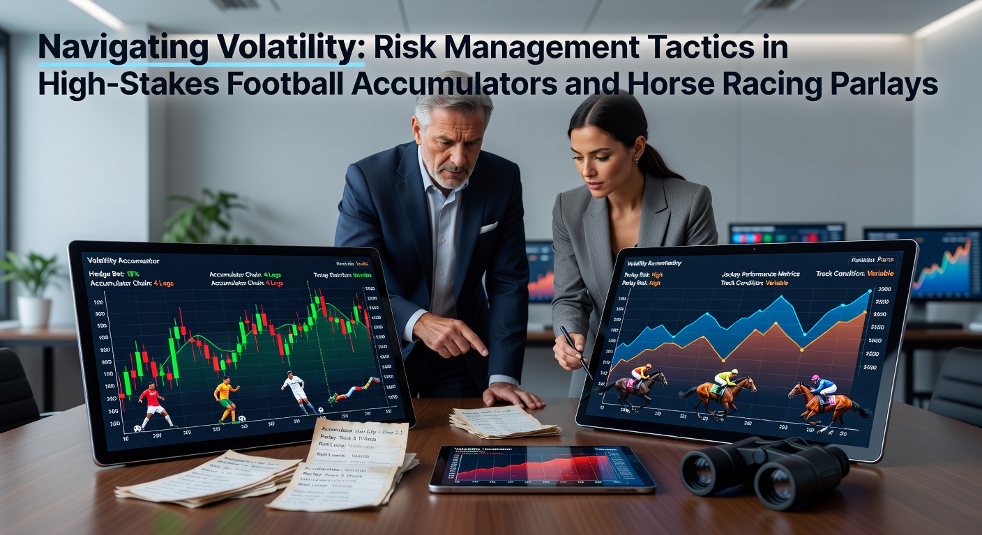 Strategic overview of risk management tools applied to football accumulators and horse racing parlays showing data charts and betting interfaces