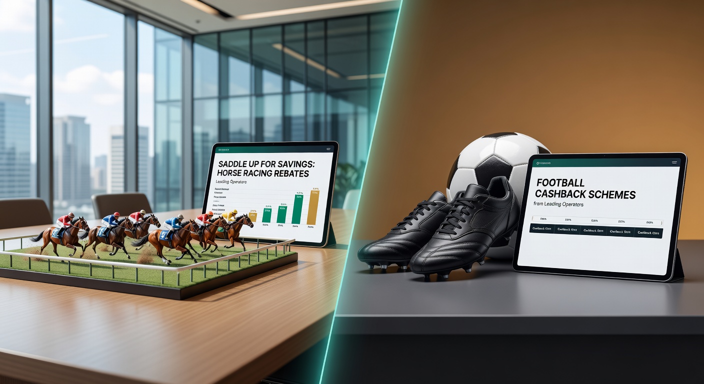 Dynamic split-image showing a soccer player celebrating a goal on one side and a jockey urging a horse forward on the other, with rebate and cashback symbols floating between