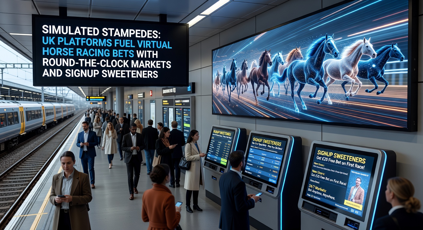 Dynamic screenshot of a virtual horse racing interface on a UK betting platform, showing galloping horses, live odds, and betting markets in action