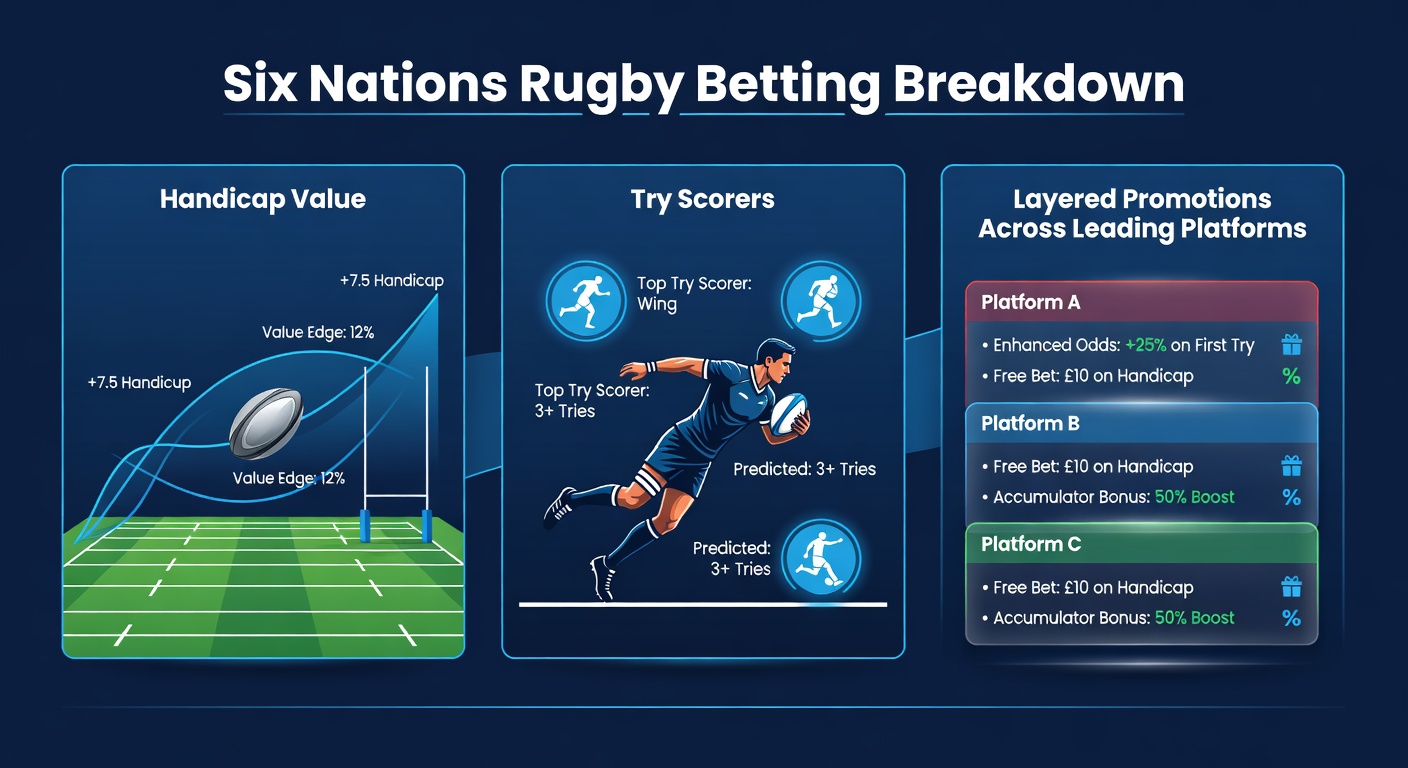 Dynamic action shot of Six Nations rugby players clashing in a high-stakes match, highlighting the intensity of handicap and try-scoring moments