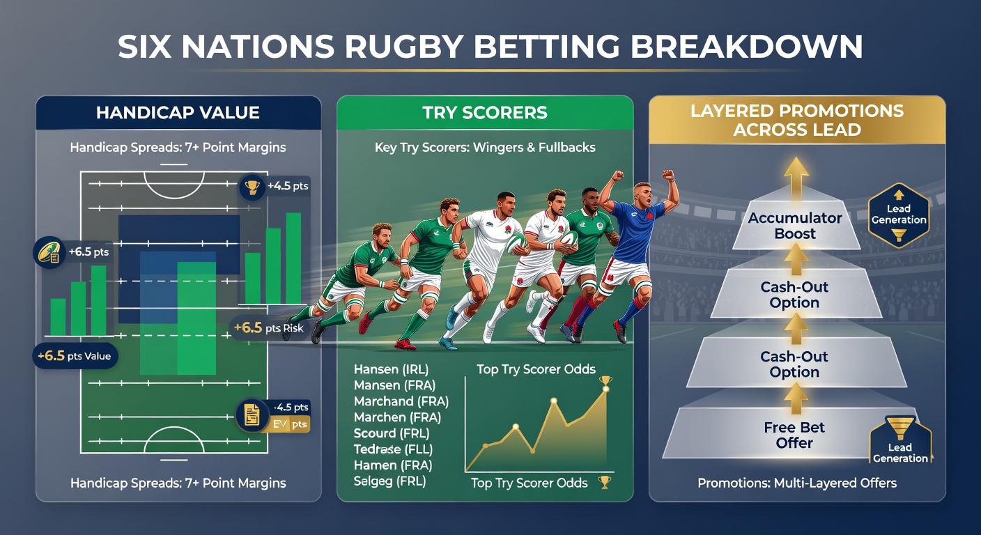 Close-up of a rugby try celebration during Six Nations, with players piling on and bookmakers' odds overlays emphasizing scorer value