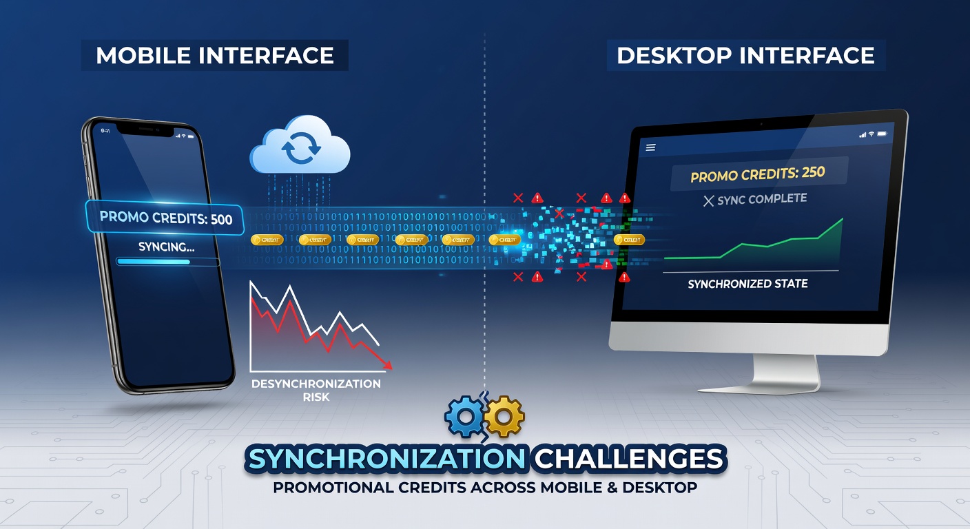 Illustration of data synchronization process between mobile app and desktop interface for betting credits