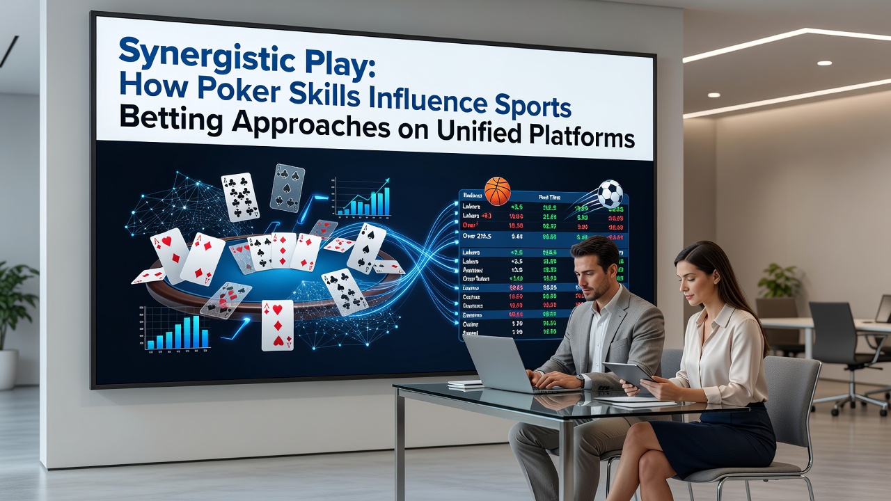 Poker table and sports betting interface merging on a digital unified platform showing cards alongside live game odds
