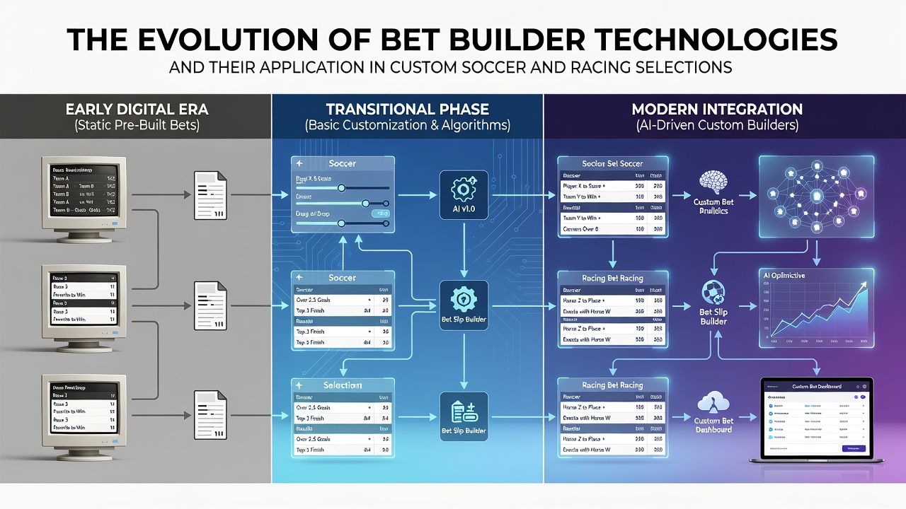 Early interfaces of bet builder tools showing basic soccer and racing selection options on desktop platforms