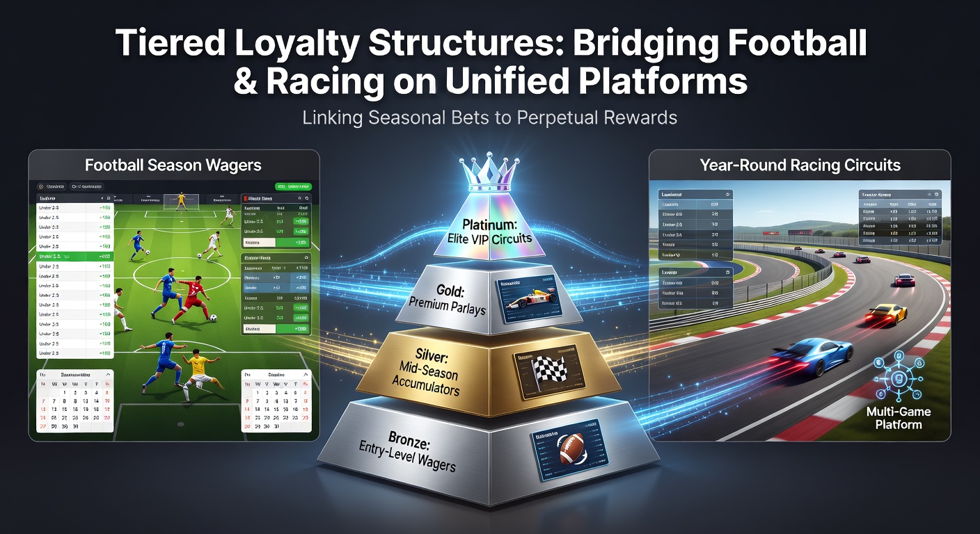 Tiered loyalty dashboard showing football and racing reward tiers on a multi-game betting platform