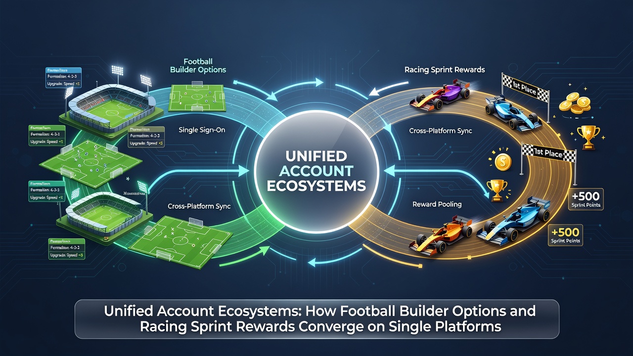 Illustration of a unified betting dashboard showing soccer builder tools alongside racing sprint reward panels on a single platform interface